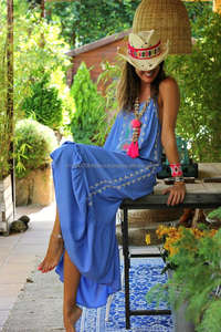 เดรสแม็กซี่ยาวปักลายดอกไม้สไตล์ลำลอง,แฟชั่นมีพู่ด้านหลังไม่หักสำหรับฤดูร้อนชายหาด - Product Image 5