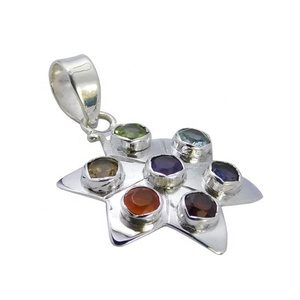 <b>Solid</b> 925 Silver Multi Princess Cut Stone Chakra <b>Pendant</b> <b>Gold</b> Plated Fine Jewelry with Zircon as Main Gemstone & Charms Jewelry - Product Image 1