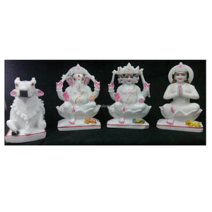 Hindu White Makrana Marble Ganesh Laxmi Saraswati God <b>Statue</b> With Cow - Product Image 1