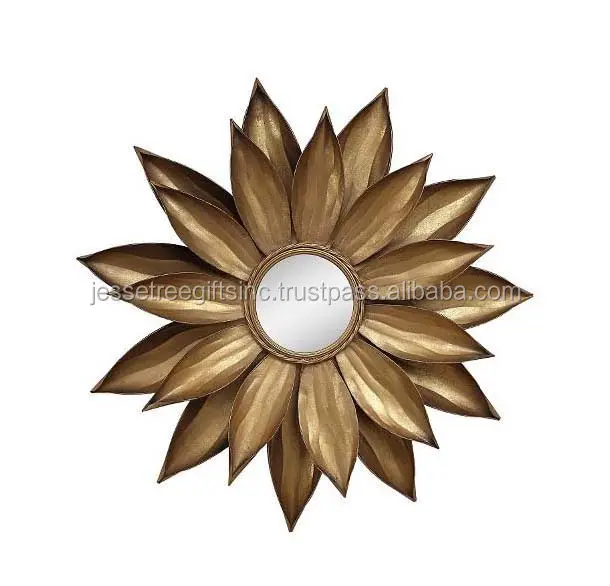 Espejo de pared de hoja de metal con revestimiento de polvo dorado Acabado Forma de girasol Excelente calidad para la decoración del hogar Precio al por mayor