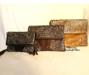 กระเป๋าสะพายไหล่หนังแท้ของผู้หญิงลายเรขาคณิตสไตล์วินเทจโบฮีเมียนโมร็อกโก - Product Image 1