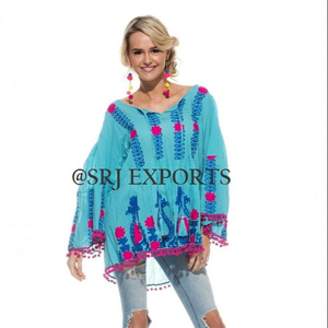 India Wholesale Feminine Antique Floral Imperial Aari Embroidery Tieable Neckline Cold Shoulder <b>Pom</b> <b>Pom</b> <b>Trim</b> Festival Top Blouse - Product Image 2