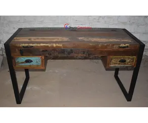 Indian Industrial Antique Metal Wood Office Work Desk Table Furniture Industrial Office Study Desk Table