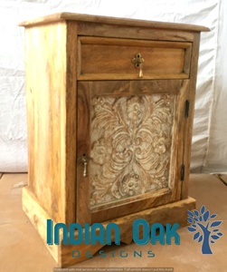 Mesita de noche tallada en madera, 1 cajón, 1 puerta, mesita de noche, mango, muebles Jodhpur - Product Image 2