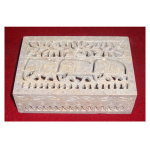Boîte de rangement pour bijoux en pierre de savon naturelle sculptée en forme de rectangle avec un design d'éléphant incroyable, à des fins d'emballage de fruits secs et de décoration intérieure - Product Image 1