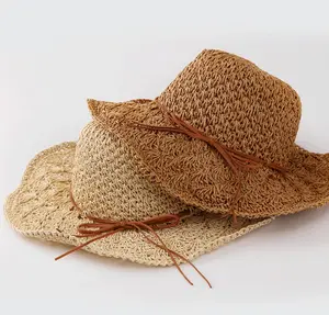 Летняя уличная соломенная шляпа с широкими полями и декоративной веревкой
