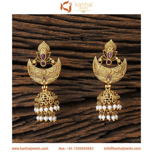 Boucles d'oreilles Jhumki en plaqué or mat Antique avec aspect indien du sud 17091 rubis sur le marché de gros - Product Image 2