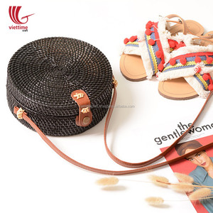 Unieke Cirkel Handgemaakte Stro Rotan Tas Met Lederen Handvat/Zwart Vintage Cirkel Vrouw Schouder Handtas - Product Image 5