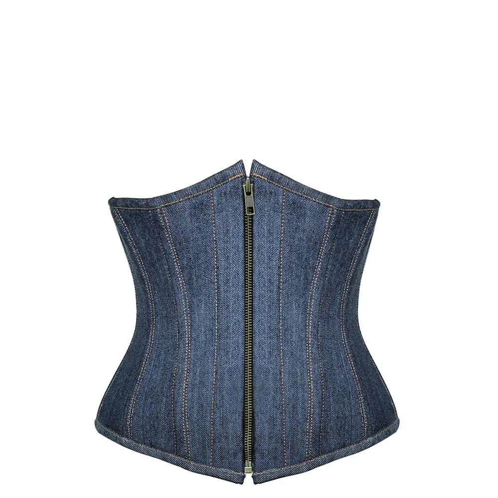 Cosh Corset underbust steelboned màu xanh denim Corset khâu với chủ đề vàng chất lượng cao tùy chỉnh thời trang và Câu lạc bộ Corset