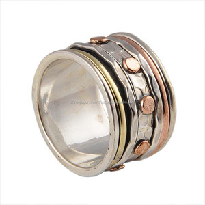 925 Sterling Silver Classic Party Mixed Metal <b>Spinner</b> <b>Ring</b> Wholesale Brass Copper Studded Hammered Wide Band Meditation Anxiety - Product Image 2
