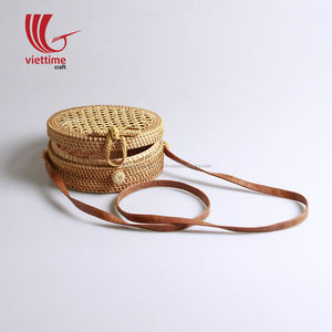 Bolso de playa redondo de paja para verano, venta al por mayor, con asas largas de cuero/bolsas circulares de ratán - Product Image 4