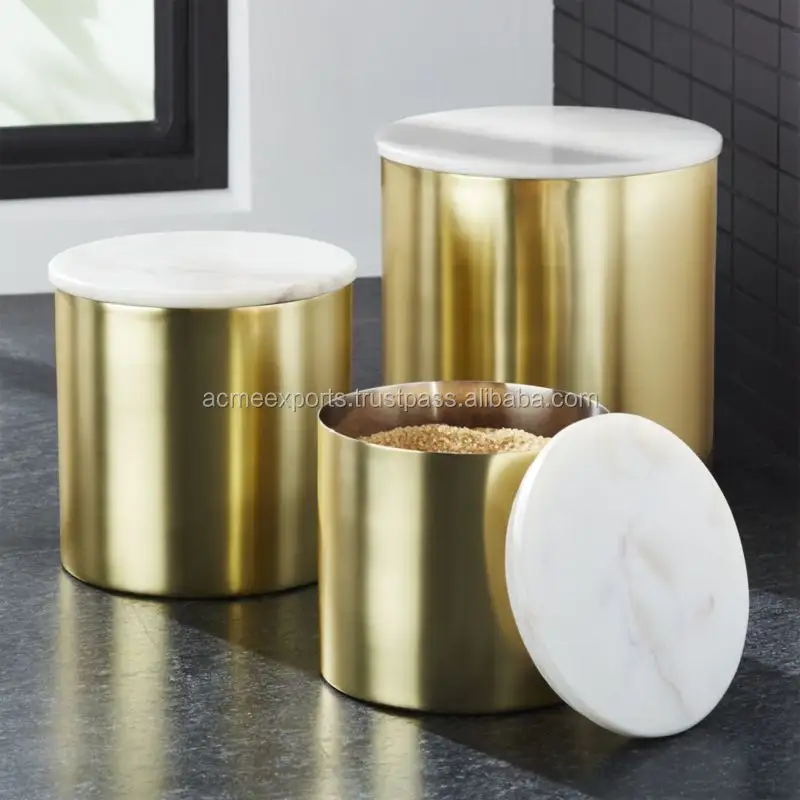 Set of 3 Pieces Brass Tea Canister with white Carrera Mable Lid | Kitchen Food & Spices Storage Tea Box | Modern Decorative Pots