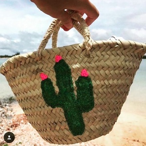 2019 marocain paille sac de plage CACTUS EMBLEM unisexe à la main géométrique tissé plage sac à main grande taille en cuir véritable doublure PC - Product Image 1