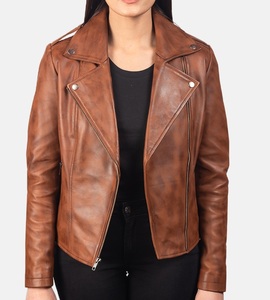 Veste en cuir véritable à la mode pour femmes en beige foncé look motard sportif nouveautés conception personnalisée pas cher en gros - Product Image 2