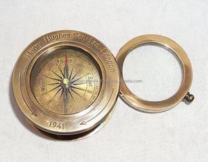 Brújula de mesa marítima pesada de latón macizo Vintage antiguo con lector de tarjetas de lupa armadura de Metal en caja de madera impresión de huecograbado - Product Image 3