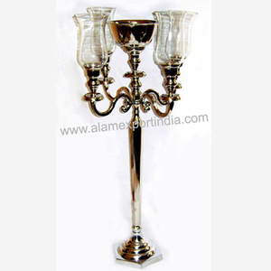 Candélabre en verre de haute qualité, pièce maîtresse de table en métal argenté, base de fleur en aluminium pour les mariages - Product Image 6