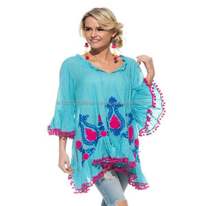 Chemisier brodé Floral impérial Aari à volants flatteurs, manches Belle, ourlet pompon, col Tiable, à la demande populaire, 3/4 - Product Image 1