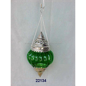 Linterna colgante decorativa de vidrio verde, en relieve, Plata - Product Image 1