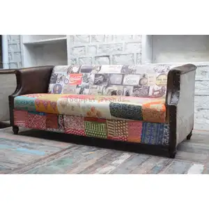 Fábrica India al por mayor de tres plazas Chesterfield sofá hogar sala de estar muebles con tela de cuero de lona - Product Image 1
