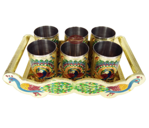 Bandeja de madera con diseño de pavo real doble para MEENAKARI, juego de 6 gafas a juego, G.M. Al mejor precio directo de fabricación - Product Image 1