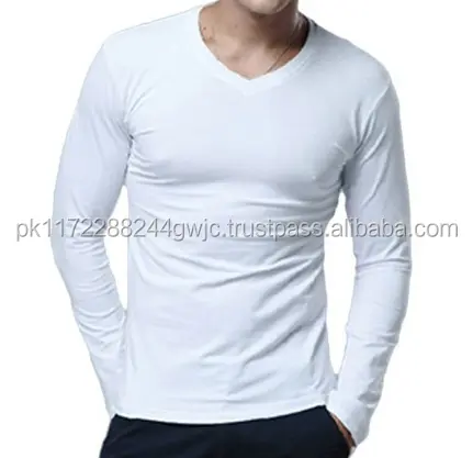 新しいデザインのメンズ服綿100% プレーンTシャツ/卸売メンズ長袖VネックカスタムTシャツ