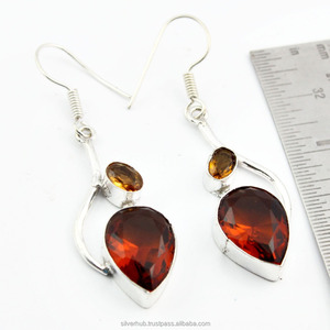 925 Sterling <b>Silver</b> <b>Dangle</b> <b>Earrings</b> for Women Handmade Pear Cut Red Garnet and Citrine Gemstone <b>Earrings</b> For Beautiful Women - Product Image 2