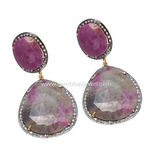 Pendientes Largos de Plata de Ley 925 con Baño de Oro, con Rubíes y Zafiros Naturales, para Mujer, Ideales para Bodas, Fiestas y Regalos - Product Image 1