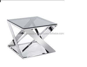 Table latérale décorative en acier inoxydable, avec dessus en verre, Table basse en métal - Product Image 1