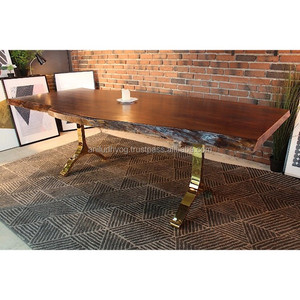 Vintage Style Acacia Wood Live Edge Dining <b>Table</b> With <b>Gold</b> Y Shaped Metals Legs - Product Image 1