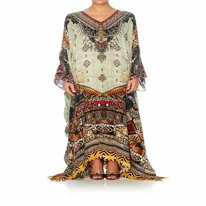Digital Print Long Pure Silk Satin Embellished Kaftan CAFTAN