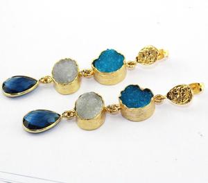 Boucles d'oreilles longues en sucre naturel druzy, plusieurs pierres précieuses colorées, bijoux déclaration cadeau de vacances, boucles d'oreilles pour femmes - Product Image 2
