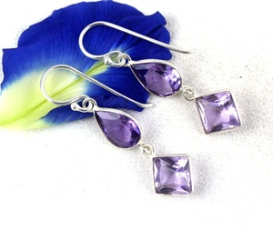 Boucles d'oreilles artisanales en argent sterling avec perles de pierres précieuses d'améthyste rose naturelle, forme carrée, forme poire, facettées, briolette, jolies et élégantes - Product Image 4