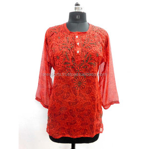 Phụ Nữ Mặc Voan Gà Kurtis Ngắn Thiết Kế Áo Dài Top Red Sheer Voan Gà Thêu Top - Product Image 1