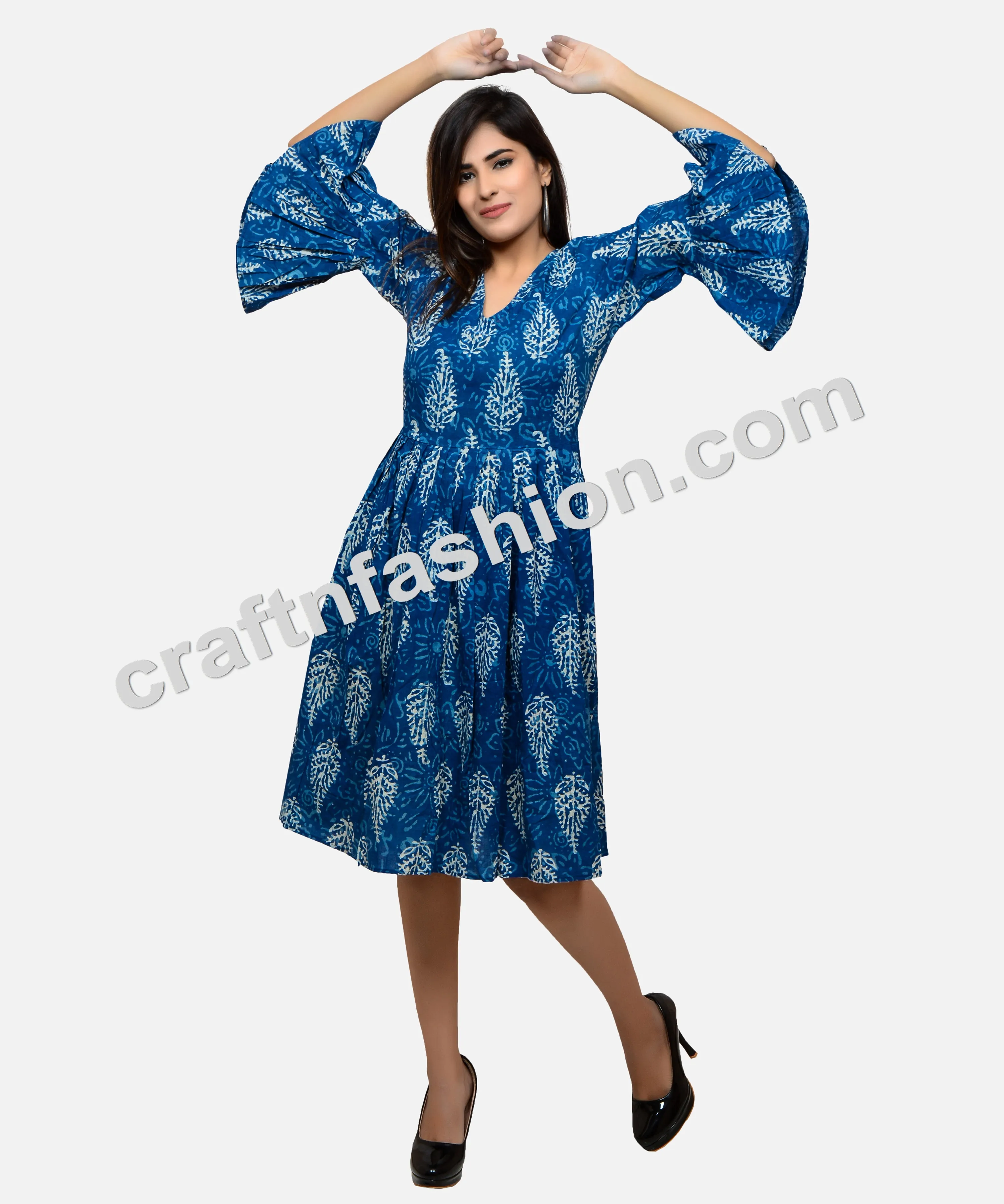 בוהמי סגנון מטריית שרוול אינדיגו שמלה-הודי כותנה יד בלוק הדפסת Kurti-קיץ אופנה ללבוש כותנה אינדיגו שמלה
