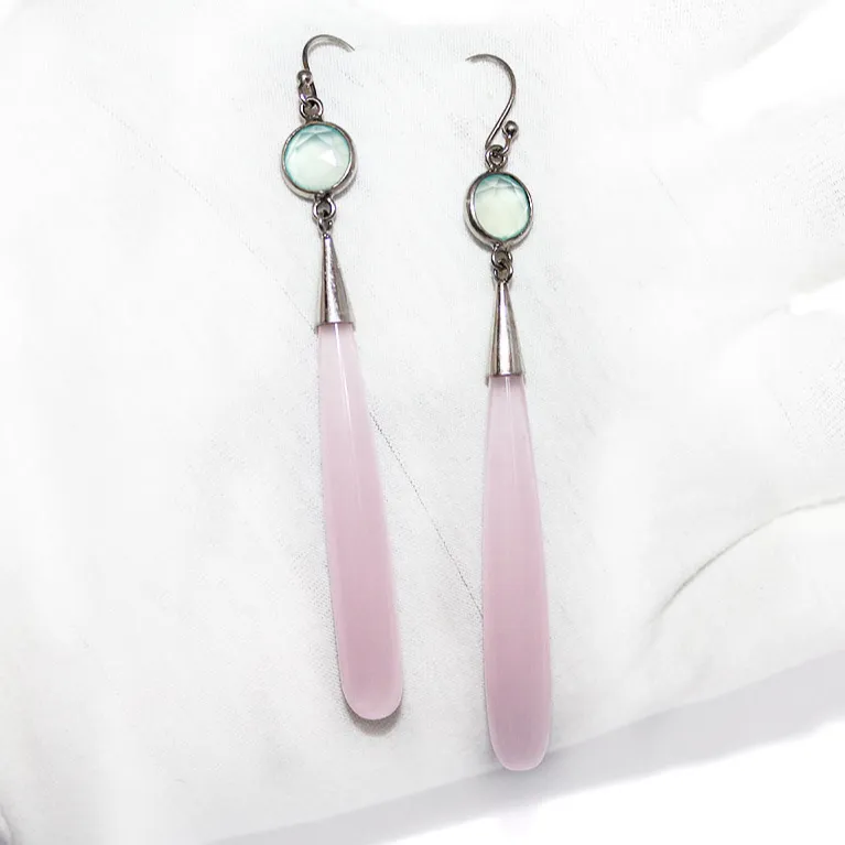 Natural Rose Quartz And Chalcedony Gemstone 925 Solid Sterling Silver Drop Dangle Earring Jewelry For Wholesaler