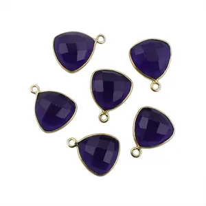 New Design Ink Blue Chalcedony Gemstone Heart Shape Gold Plated Single Bail Bezel Connectors Jewelry findings supplier