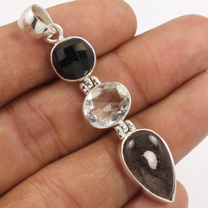 Multi Shaped Cute Bezel 925 Solid Sterling Silver Solitaire Pendant Natural TOURMALATED QUARTZ & AUTRES Pierres précieuses - Product Image 1
