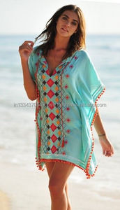 Style Européen Géométrique Point De Chaîne Broder Court Plage Caftan Robe Gland Cravate Cou Pom Pom Dentelle Maillot De Bain Bikini Cover Up - Product Image 4