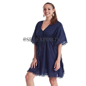 Túnica de playa para mujer, traje de baño de 100% algodón transpirable, estilo bohemio con pompón, Color Turquesa - Product Image 2