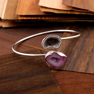 Silver Plated Bangle Grey & Purple Natural Geode Druzy Gemstone Adjustable <b>Bracelet</b> for Women & <b>Girls</b> Handmade Cuff <b>Bracelets</b> - Product Image 1
