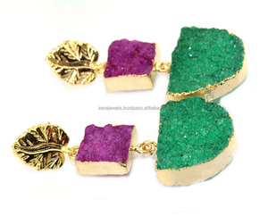 ประกายสองชั้นสีม่วงธรรมชาติที่มีสีเขียวน้ำตาล druzy เรขาคณิตต่างหูชุบทอง24K ออกแบบใบต่างหูห้อย - Product Image 4