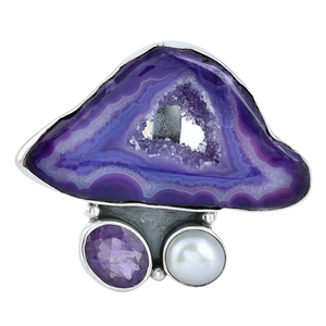 Bague unisexe en argent sterling 925 avec perle d'améthyste Druzy, bijoux fantaisie à la mode pour les mariages ou les fêtes - Product Image 1