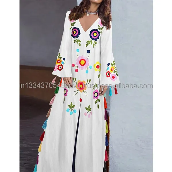 Hot Fluorescent Color Floral Aari Embroider Front Slit Vintage Long Dress Drop Shipping Women der lange Bell Sleeve Tasseled Maxi