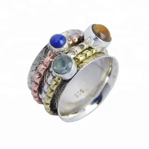 Good Quality 925 Sterling Silver Multi Color Natural Blue topaz Tiger lapis Gemstone Rings For Gift