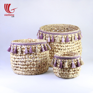 Set of 3 Natural Water Hyacinth Handicraft Baskets Tassel Decorative <b>Storage</b> <b>Boxes</b> & <b>Bins</b> Wholesale Plant Holder - Product Image 1