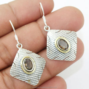 ขายดี925สเตอร์ลิงเงินแท้ต่างหูควอตซ์แบบสโมคกี้ทำด้วยมือเครื่องประดับอัญมณีรูปวงรีเป็นจำนวนมากของขวัญแต่งงาน - Product Image 1