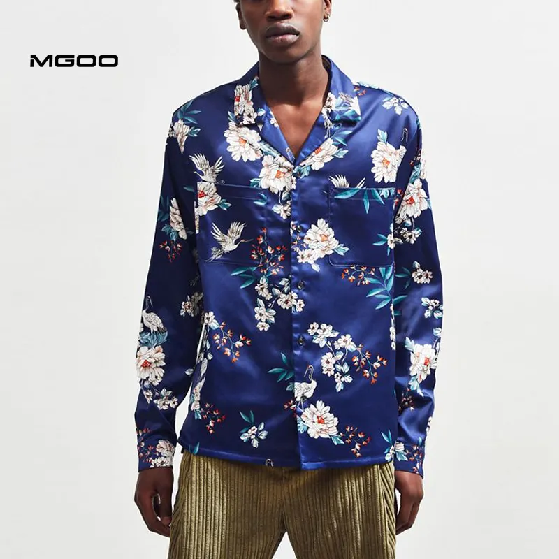 MGOO Latest design floral printing satin button down shirt Custom Imitated silk cheap men long sleeve shirt