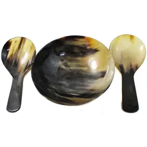 Best quality buffalo horn bowl with 2 spoon for serving and rice soup bowls handicraft Cow/ ox horn bowls made in India