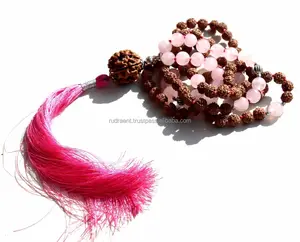 Hot Selling Mala Kralen Rudraksha Rose Quartz Geknoopt Mala Ketting Handgemaakte Edelsteen Sieraden Ketting