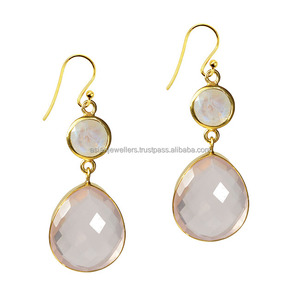 ต่างหูห้อยอัญมณีควอตซ์สีชมพูสีเงินสเตอร์ลิงสีทองสำหรับงานแต่งงานหรือของขวัญ - Product Image 1